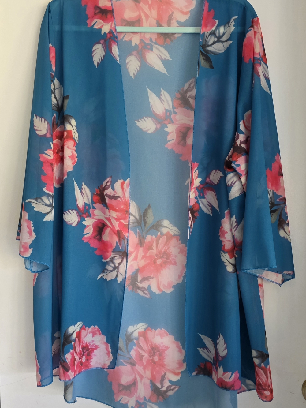 Teal Floral Sheer Kimono with Pink Blooms xxl